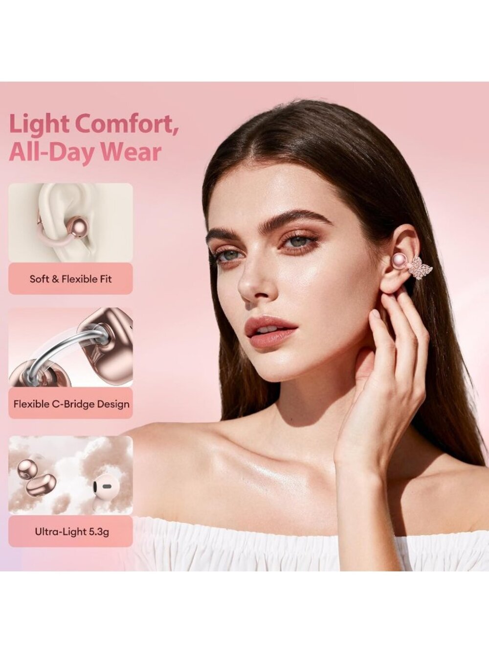 Wireless Rose Gold 1 Clip-On Butterfly Earring Ultra-long 140H Bluetooth Earbud - Picture 4 of 6